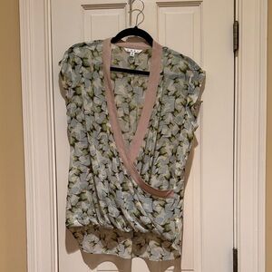 CAbi Floral Wrap Blouse in Green and Beige